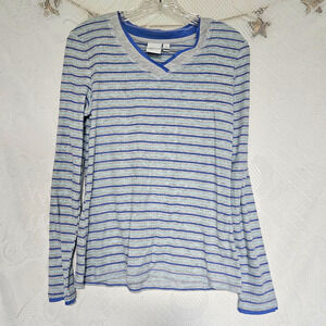 Croft & Barrow Intimates Small Gray Blue Striped V-Neck Knit T-Shirt Soft Cozy